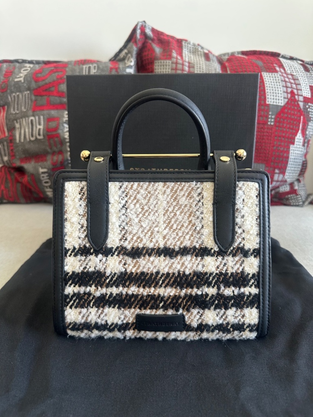 Strathberry Mini Tote Black Bouclé Tartan Limited Edition | Full Set